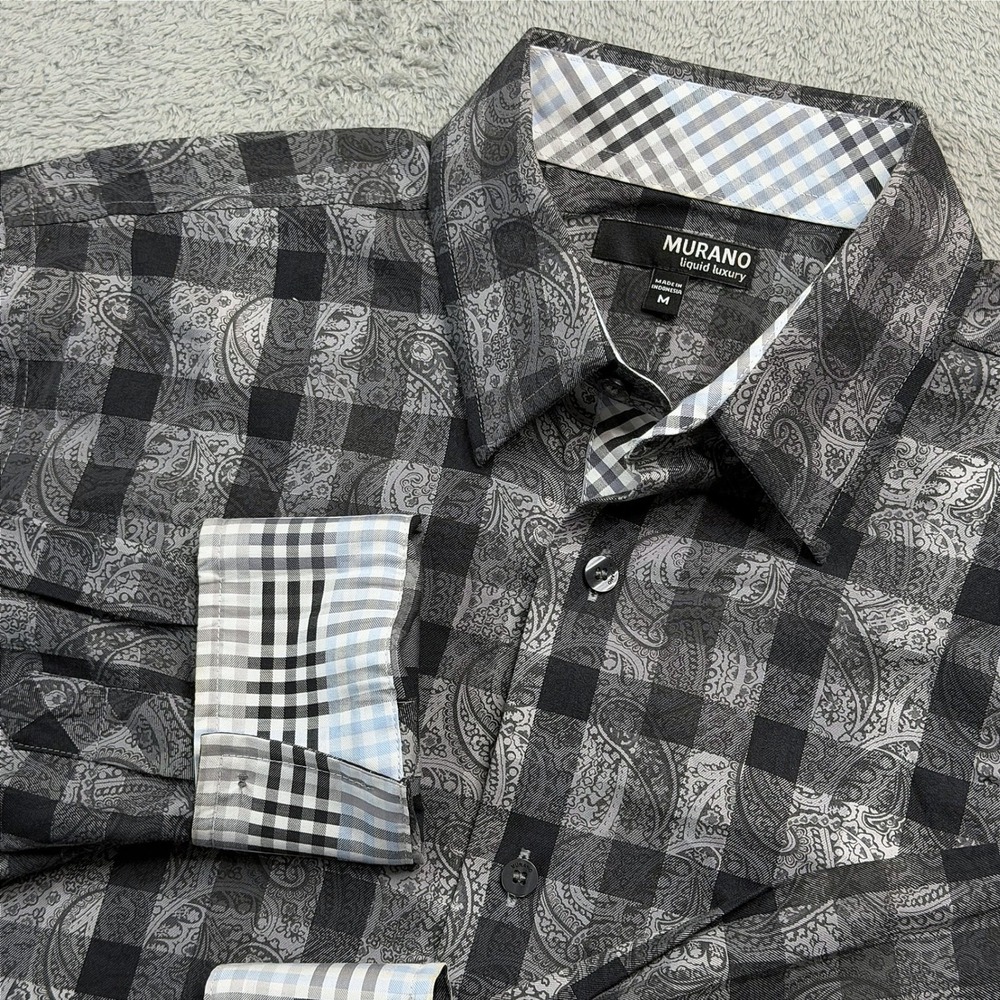 Murano Liquid Luxury Mens Medium Grey Black Paisley Check Button Down Shirt